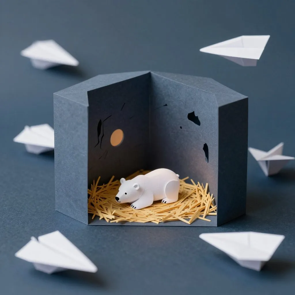A single tiny white polar bear cub lying alone in a den of straw, dark and quiet zoo interior, a faint warm light in the distance, still and fragile mood