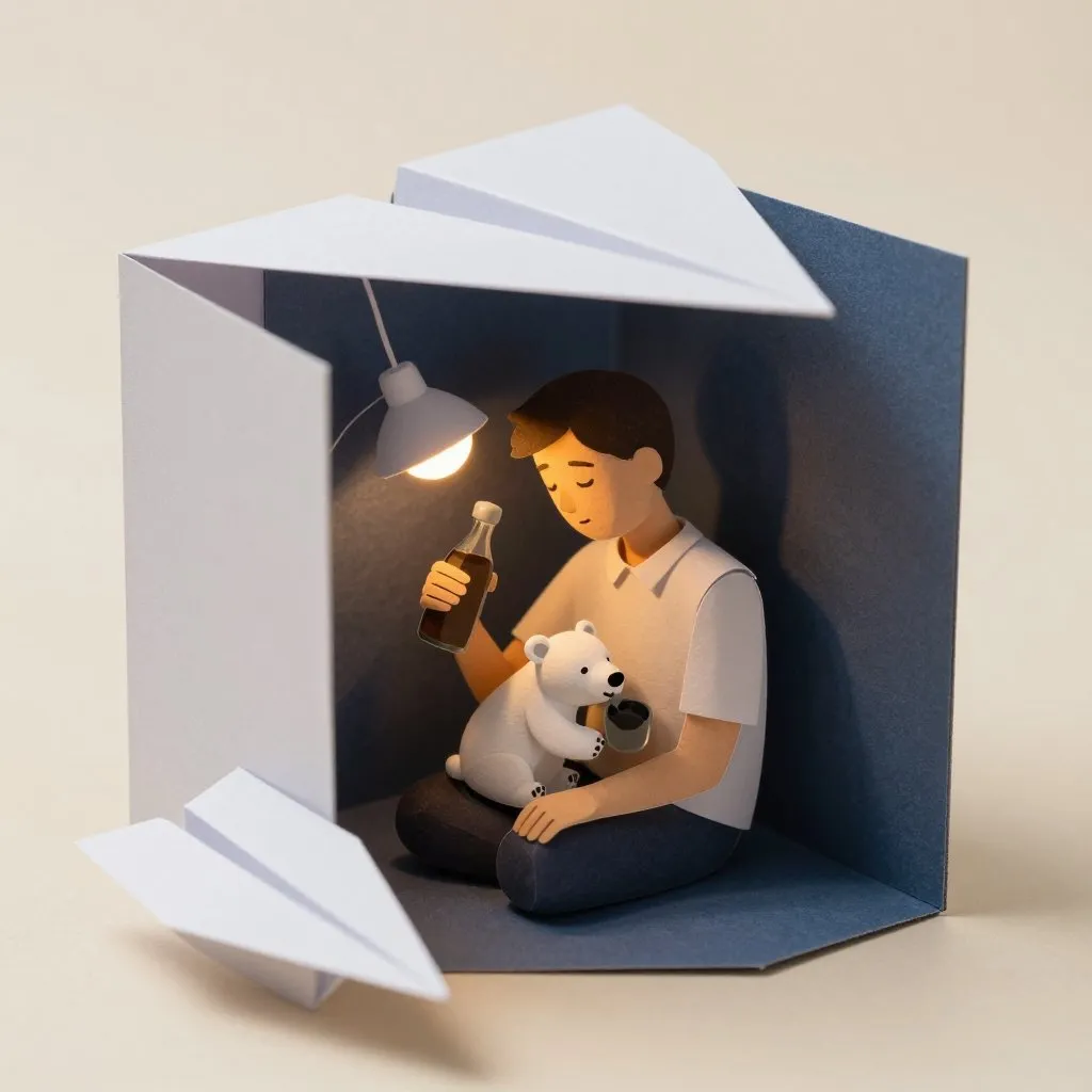 A tired man in a plain shirt sitting up in the middle of the night, bottle in hand, a small polar bear cub drinking from it in his lap, dim lamp light, exhausted and devoted mood