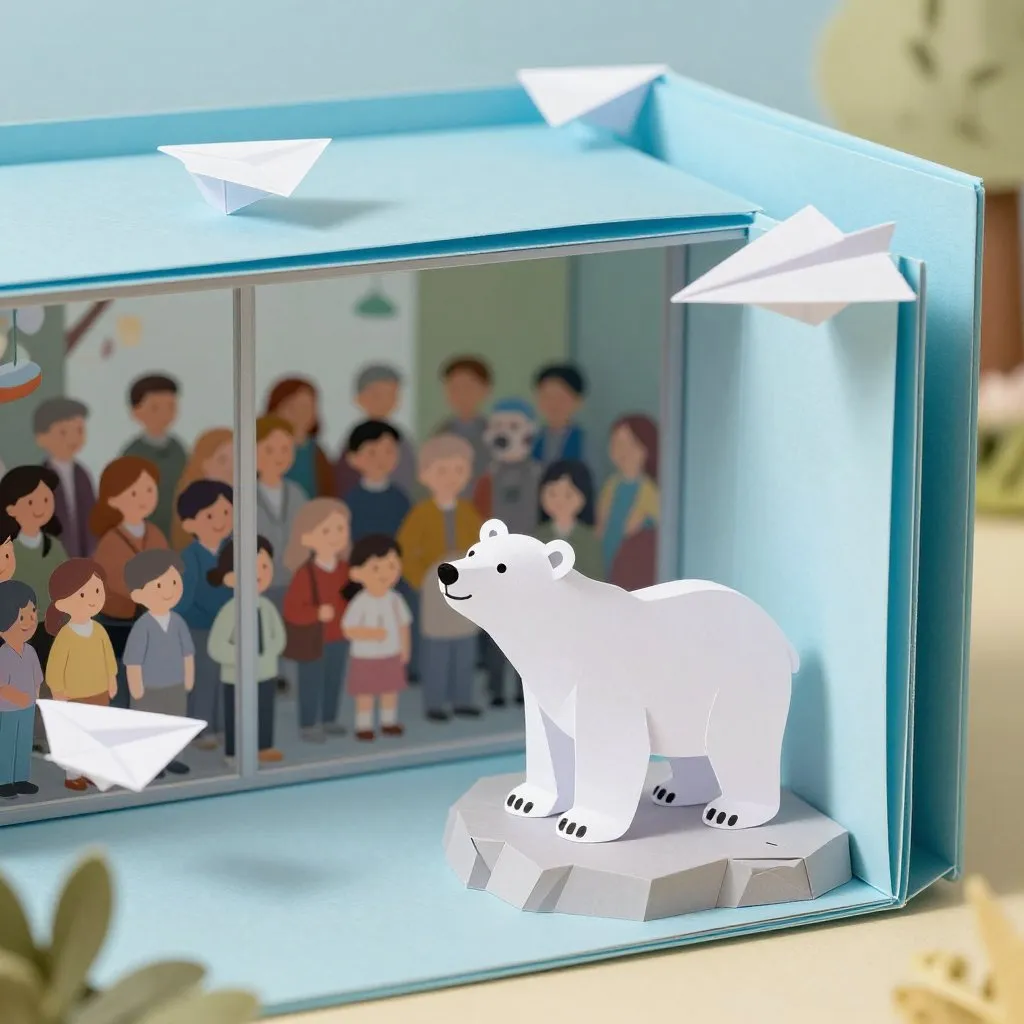 A young white polar bear standing on a rocky zoo platform, a huge crowd of visitors pressed against the glass behind him, bright spring light, curious and lively mood