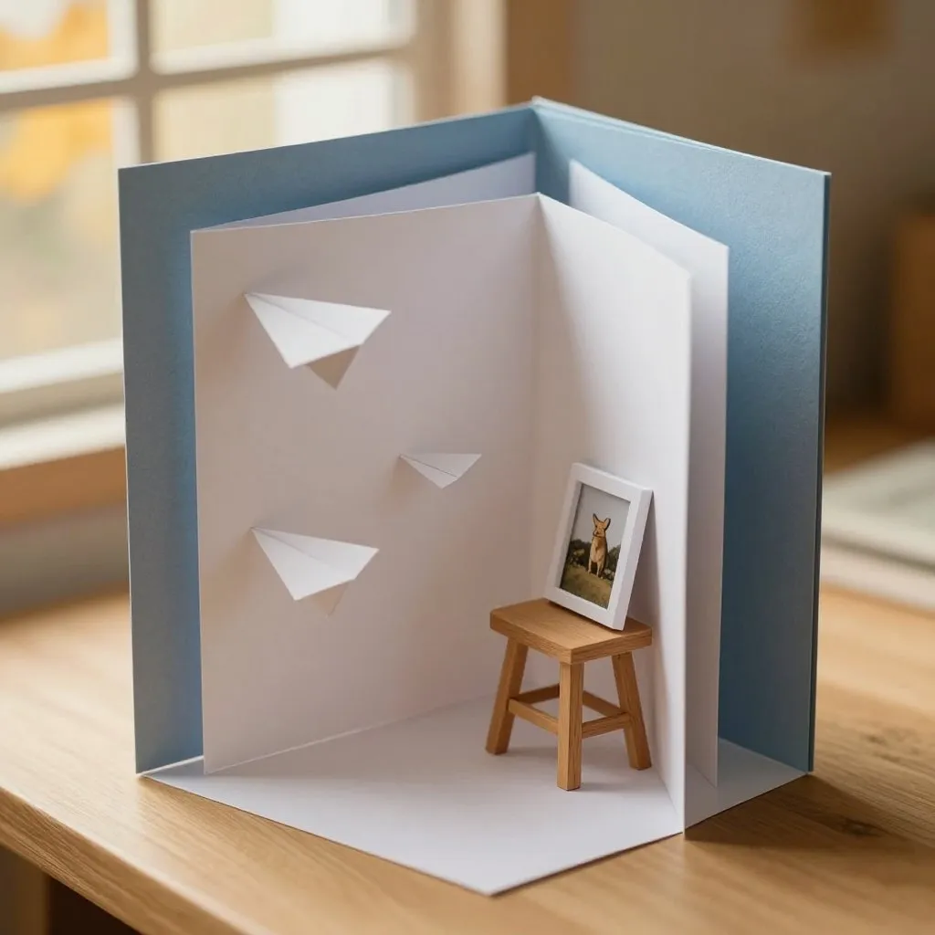 An empty wooden stool in a zoo enclosure corridor, a small framed photograph propped against it, soft autumn light coming through a high window, quiet and absent mood
