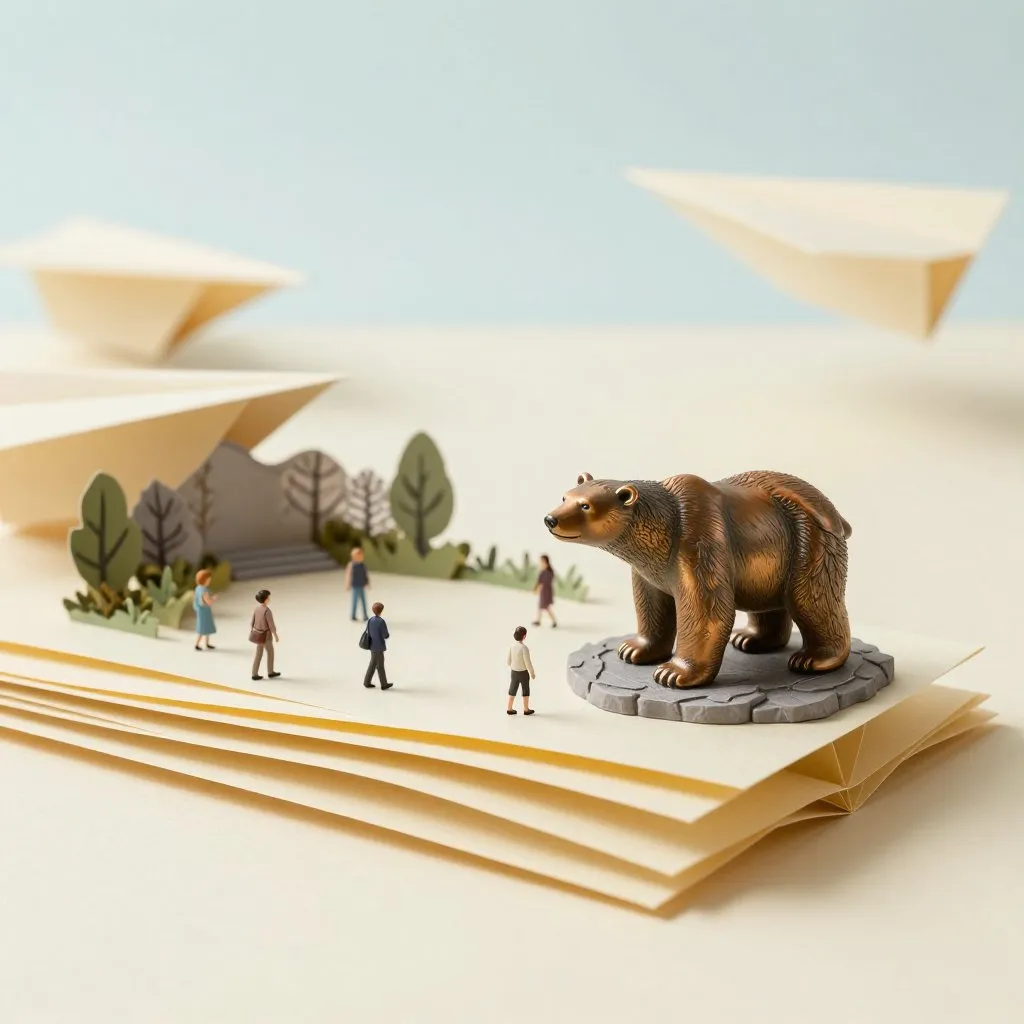 A bronze statue of a polar bear cub on a stone plinth in a zoo garden, visitors passing slowly at a respectful distance, soft overcast light, still and permanent mood