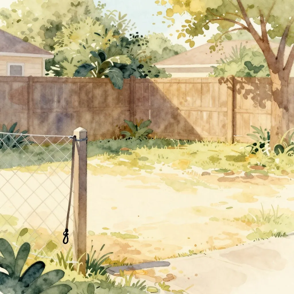 An empty sunny backyard in Texas with a leash hanging on a fence post
