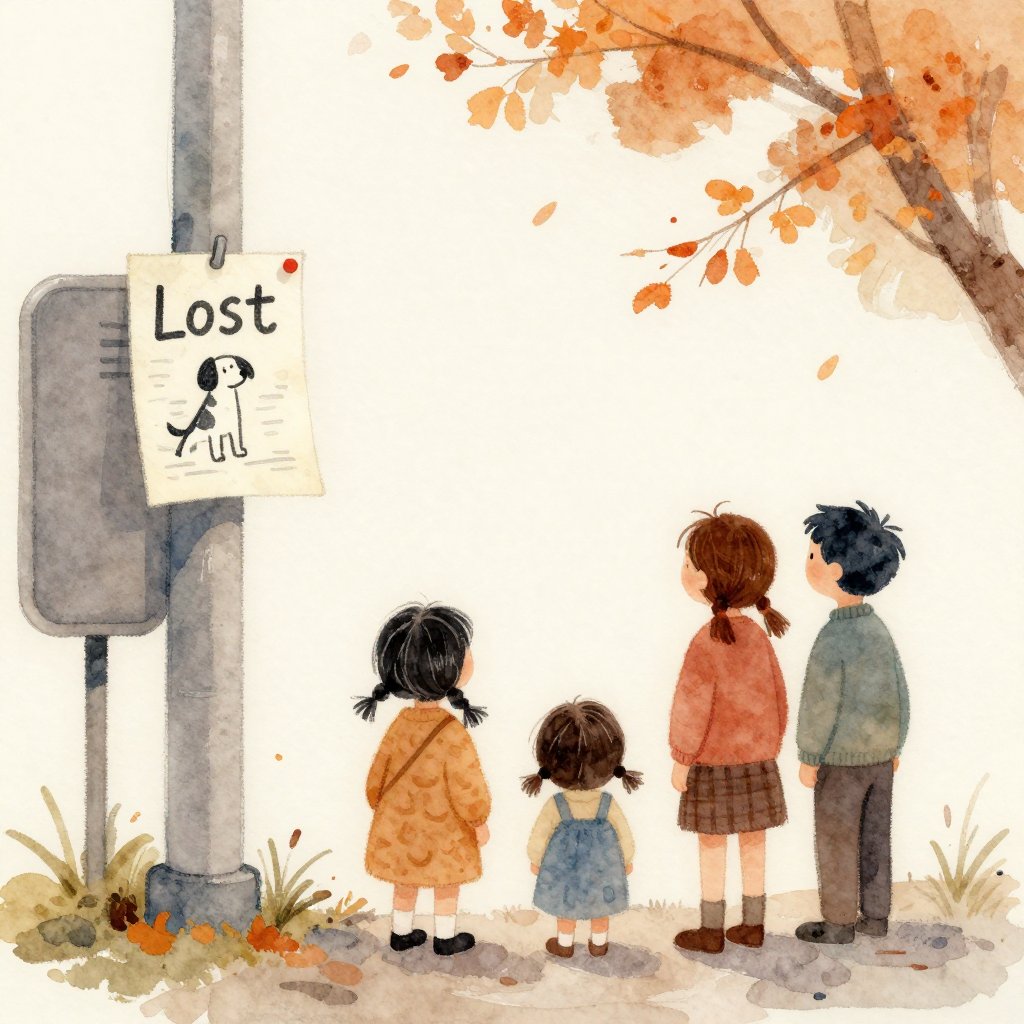 A family looking at a hand-drawn lost dog flyer stapled to a telephone pole, muted autumn light