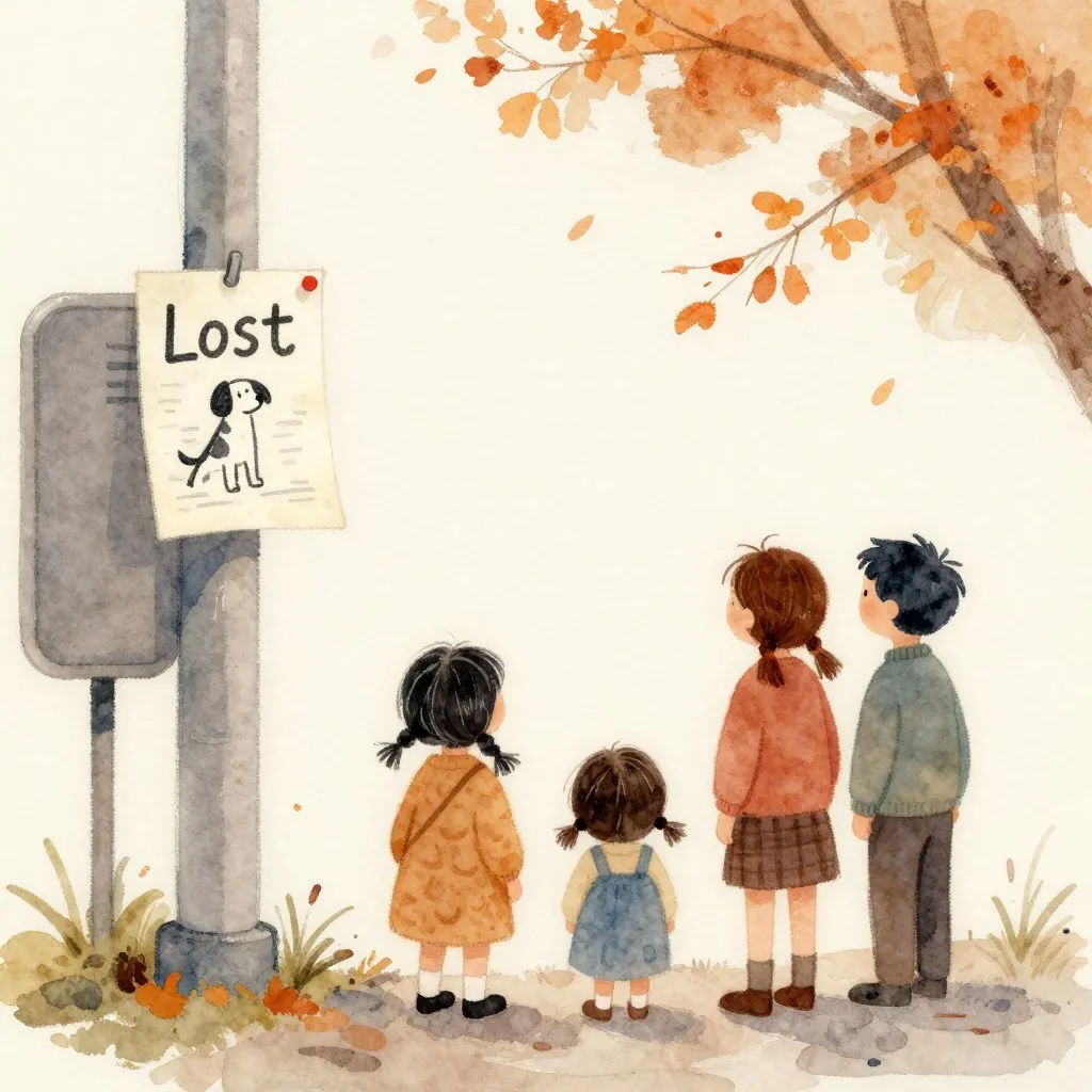 A family looking at a hand-drawn lost dog flyer stapled to a telephone pole, muted autumn light
