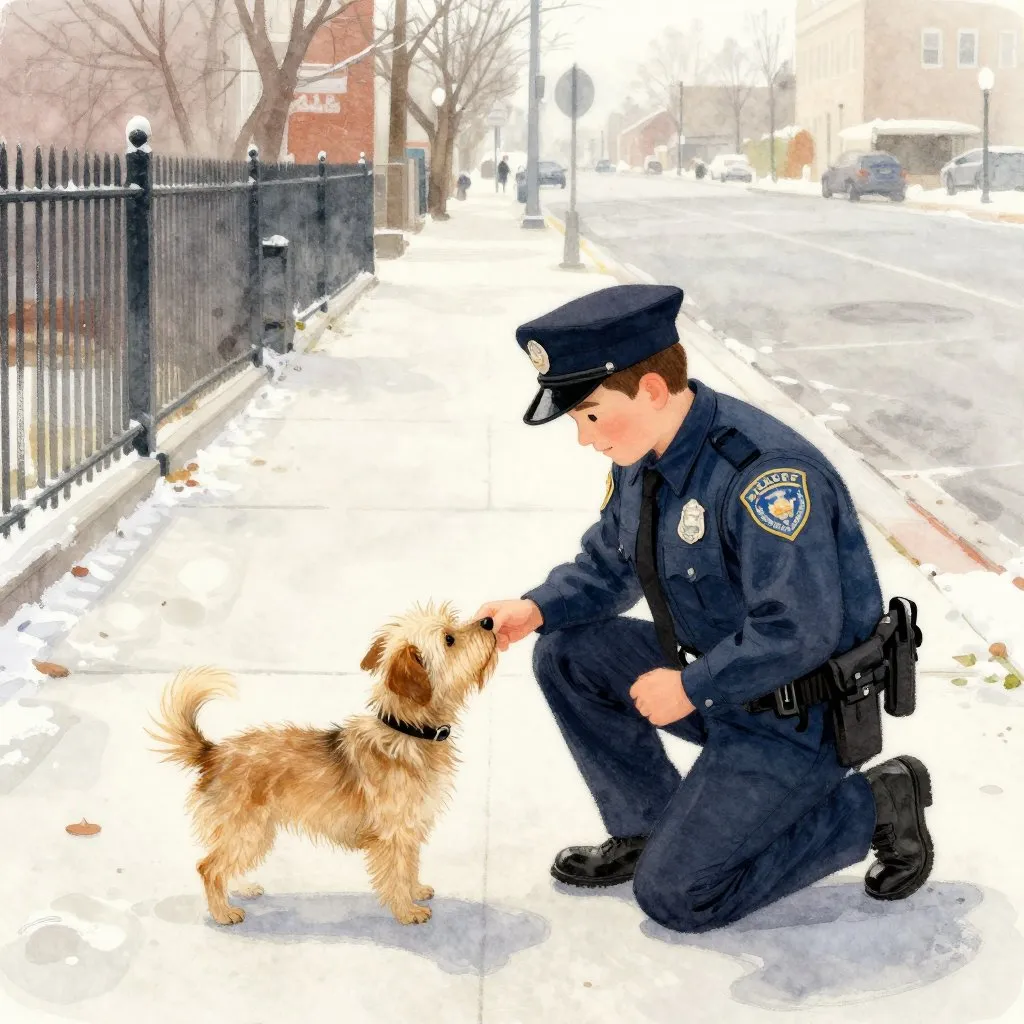 A police officer kneeling on a cold New Jersey sidewalk to greet a small scruffy dog, grey winter morning light