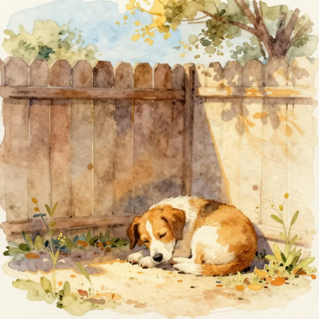 A small dog resting in a warm corner of a Texas backyard, peaceful and home