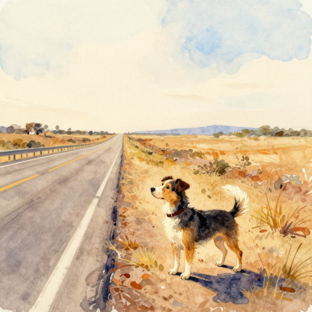 Koko the dog standing at the edge of a highway, amber Texas light behind her