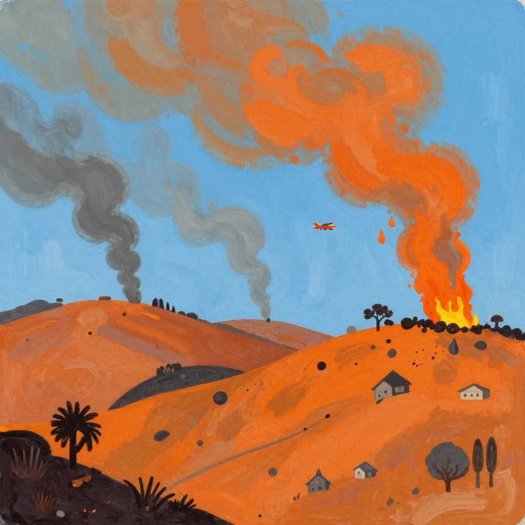 A wide view of a Los Angeles hillside with orange smoke in the sky, a small airplane visible in the distance flying toward safety