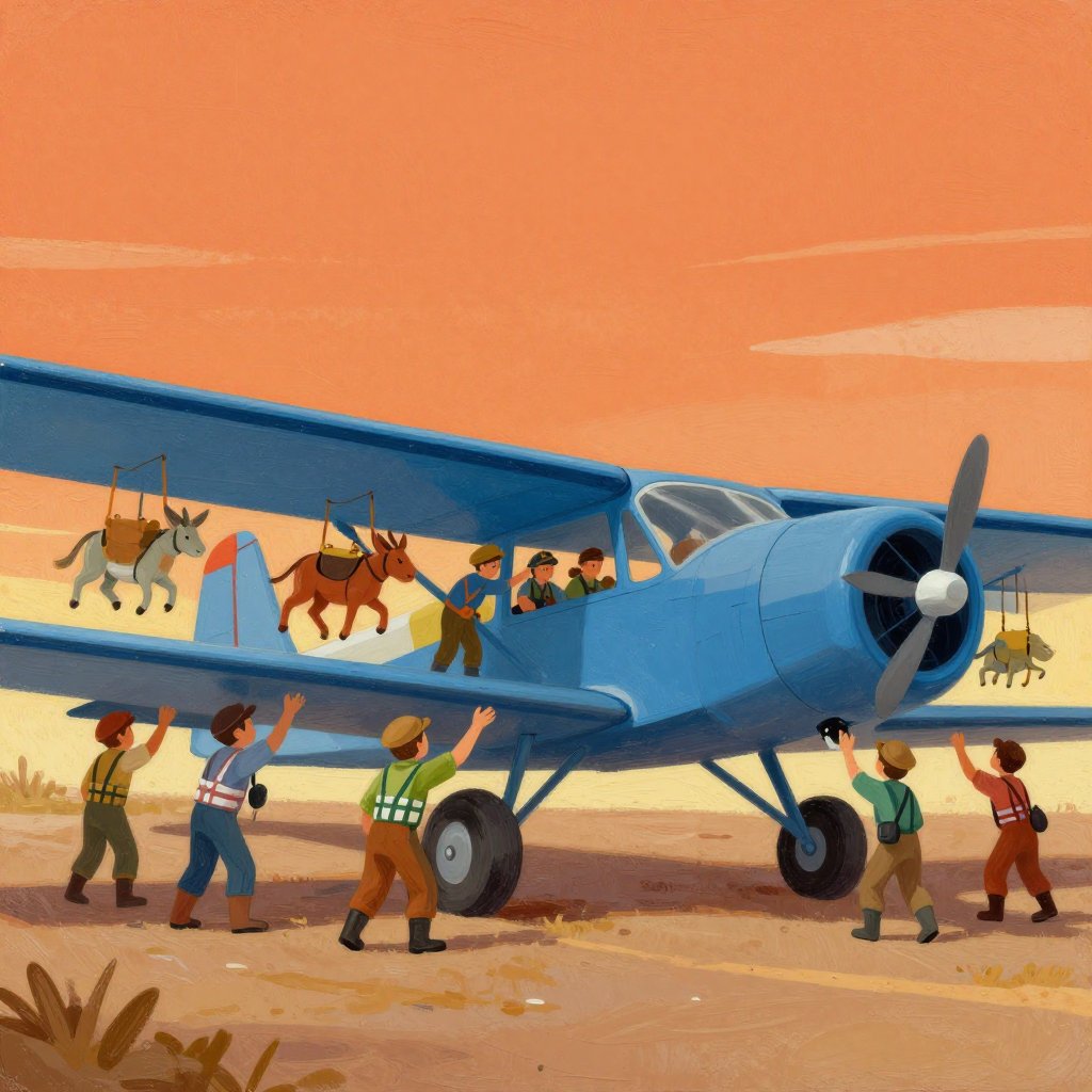 A pilot loading animal carriers into a small plane, other volunteers helping, sense of urgency and purpose, warm ground light against smoky sky