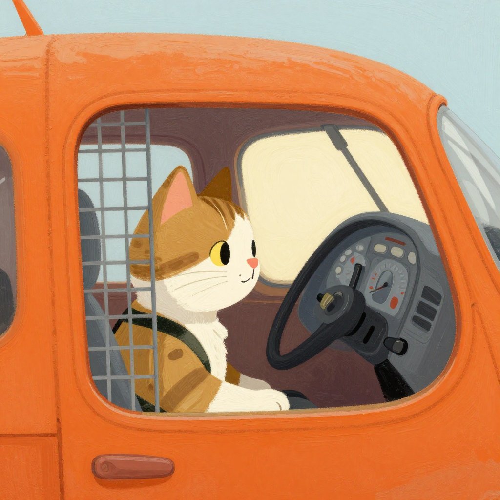 A cat in a carrier looking through the mesh at a pilot in the cockpit, both looking at each other, inside a small plane, intimate and meaningful