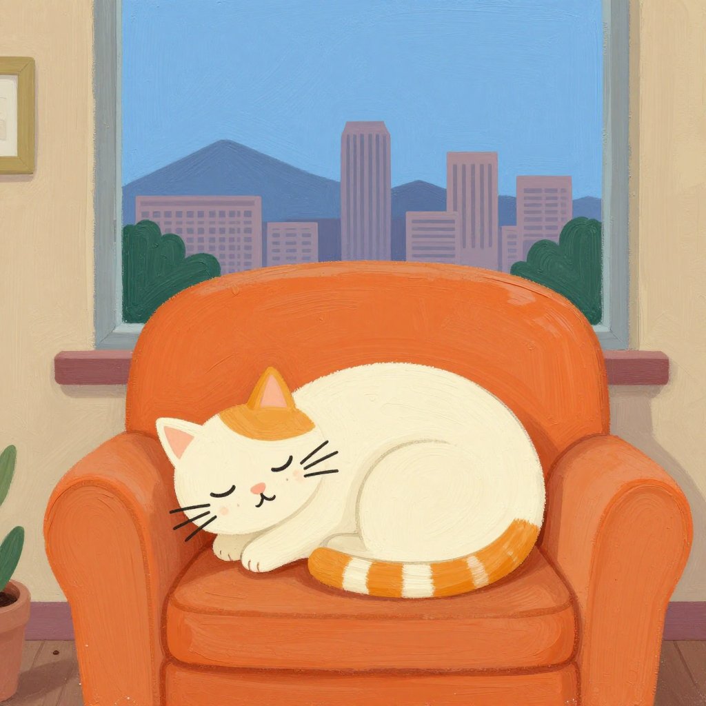 A cat resting contentedly on a windowsill with a clear Salt Lake City sky outside, peaceful and settled