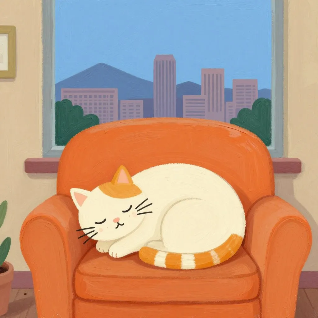 A cat resting contentedly on a windowsill with a clear Salt Lake City sky outside, peaceful and settled