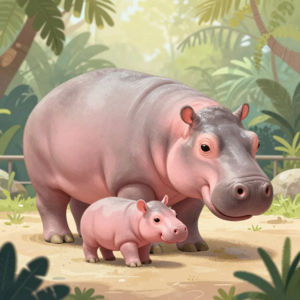 A newborn pygmy hippo with oversized ears taking her first wobbly steps beside her large calm mother in a zoo enclosure, warm morning light through tropical leaves