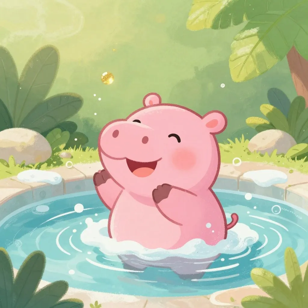 A small round pink hippo splashing in a shallow pool, water droplets catching gold light, expression of pure uncomplicated happiness, lush green plants framing the scene