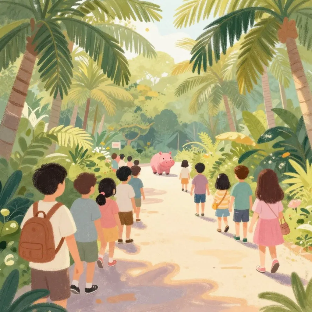 A long queue of visitors stretching through a Thai zoo path lined with palms, a tiny pink hippo visible in the distance at the center of all the attention, warm afternoon light