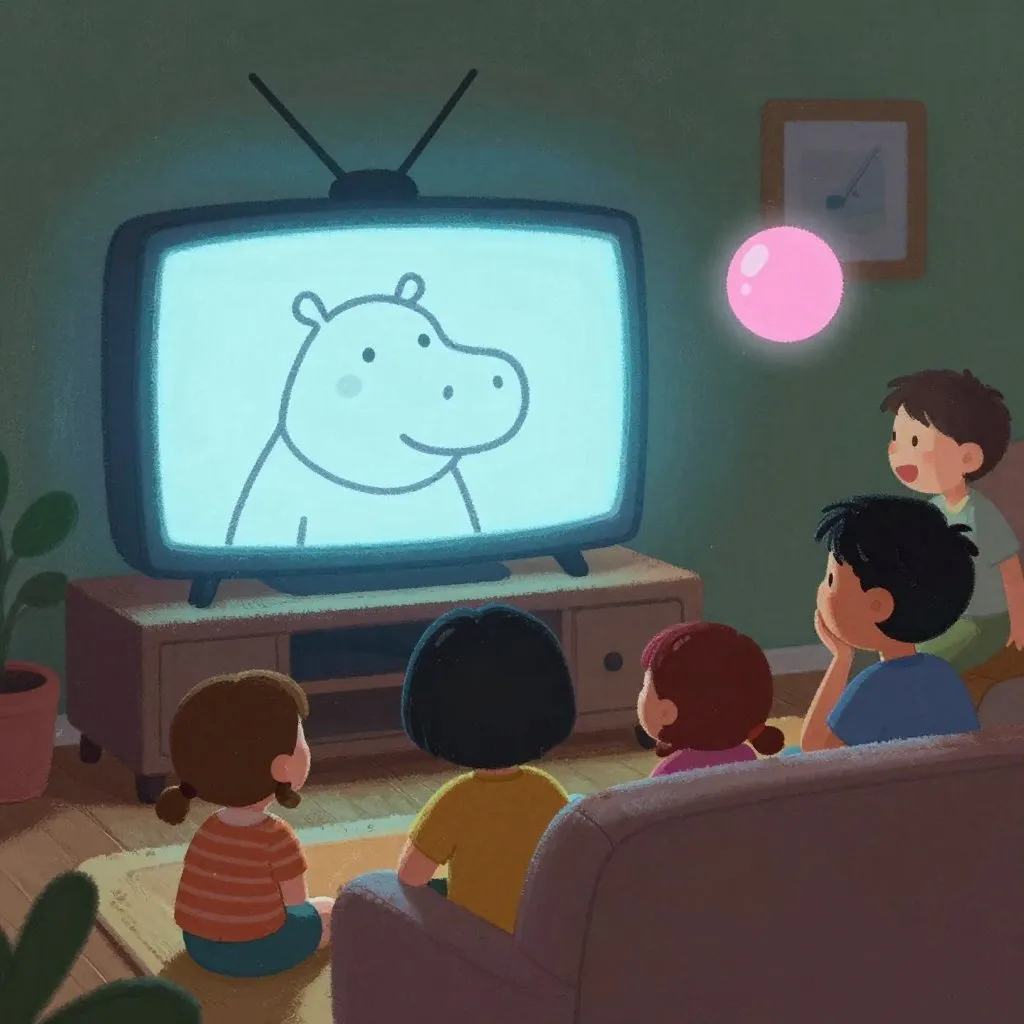 A television screen glowing in a dark living room showing a cartoon hippo sketch, a family watching in delighted disbelief, cozy indoor night scene