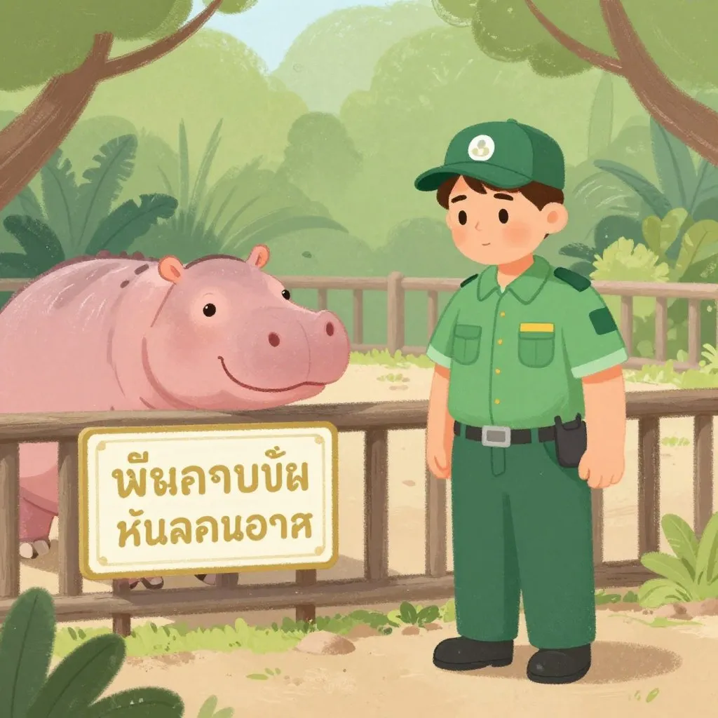 A zookeeper in a green uniform standing protectively near a small pink hippo's enclosure, a polite but firm sign in Thai and English visible on the fence, midday light