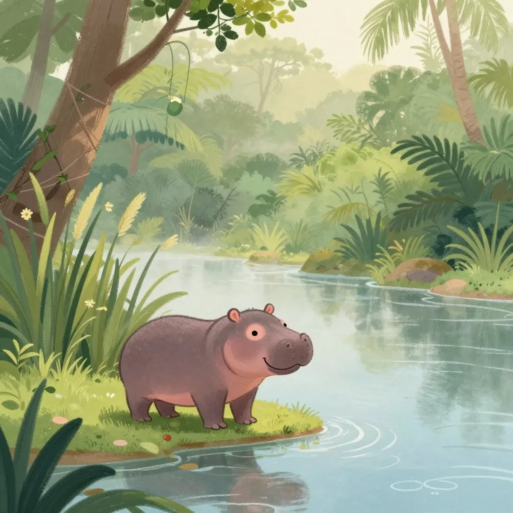 A pygmy hippo standing at the edge of a misty river in a dense West African jungle, alone but peaceful, surrounded by tall reeds and soft morning light
