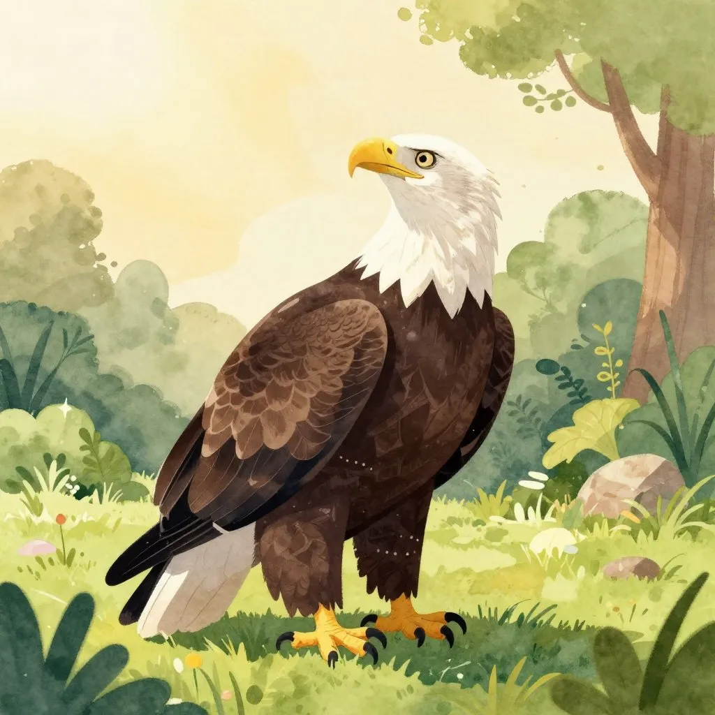 A bald eagle with dark brown feathers and a bright white head standing in a large enclosure with trees and soft ground, looking at the sky