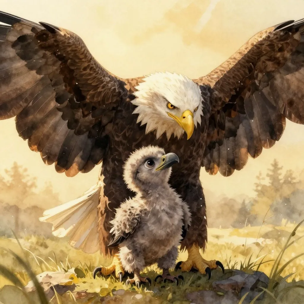 A bald eagle spreading his wings wide to welcome a tiny fuzzy gray eaglet, pulling the chick close under his feathers