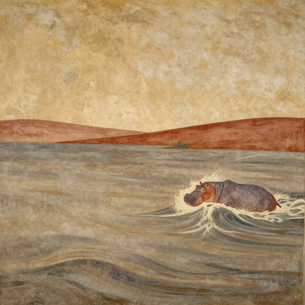 A vast wall of grey-brown water moving across a low coastal landscape, a small hippo visible in the surge, swept and tumbling, disoriented