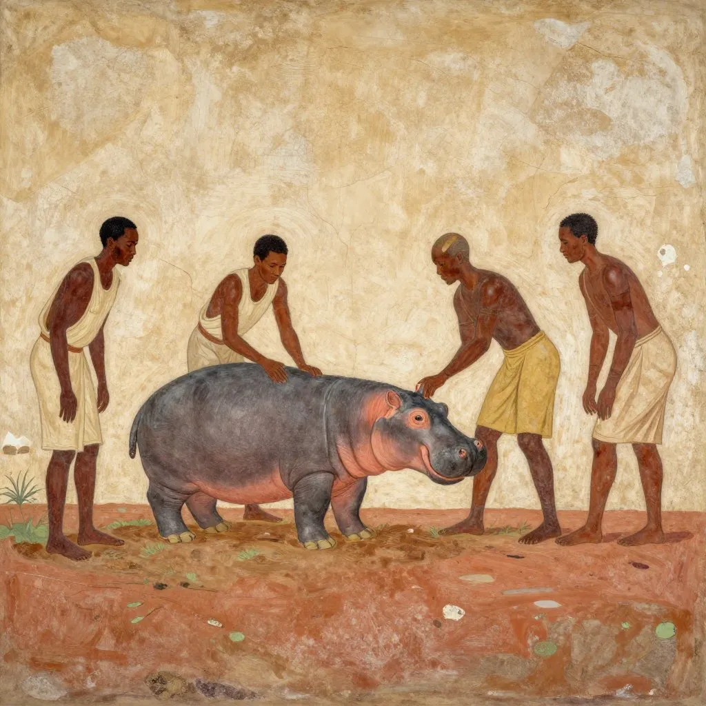 A group of Kenyan fishermen and wildlife officers surrounding a young hippo on a muddy shoreline, working together to secure him gently, warm morning light