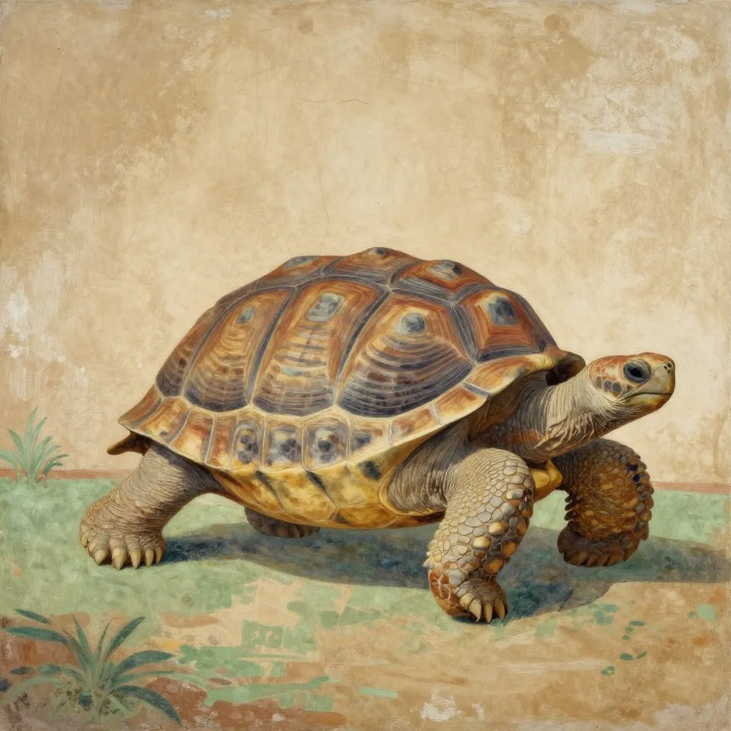 A giant Aldabra tortoise with a deeply domed shell moving slowly through dappled shade in a green enclosure, massive and unhurried, calm indifference in his posture