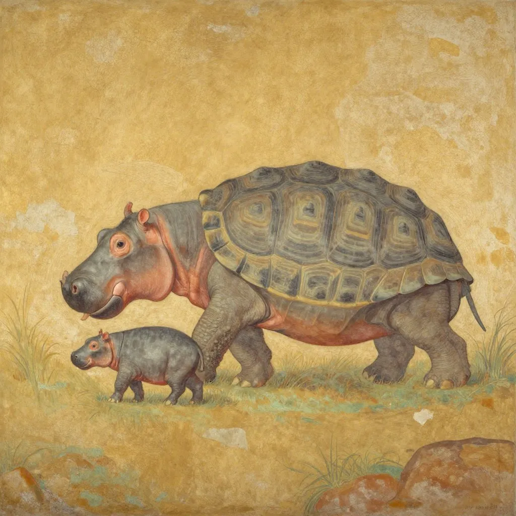 A young hippo following close behind a massive tortoise across a grass enclosure at dusk, not touching, just near, the tortoise walking slowly ahead, soft fading light