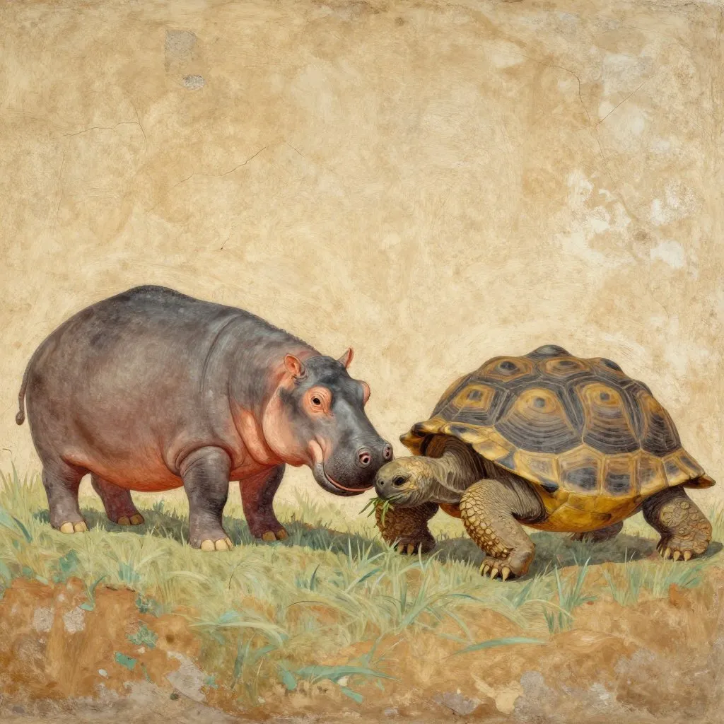 A young hippo and a giant tortoise eating side by side from the grass, the hippo's large head near the tortoise's shell, both calm and unhurried, warm midday light