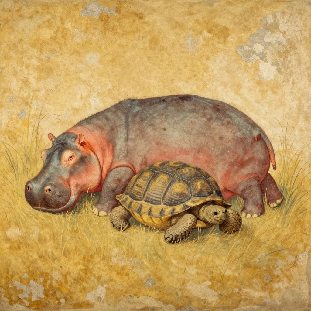 A grown hippo and an ancient tortoise curled together sleeping in long afternoon grass, the hippo's body curved around the tortoise's shell, deep stillness, golden light
