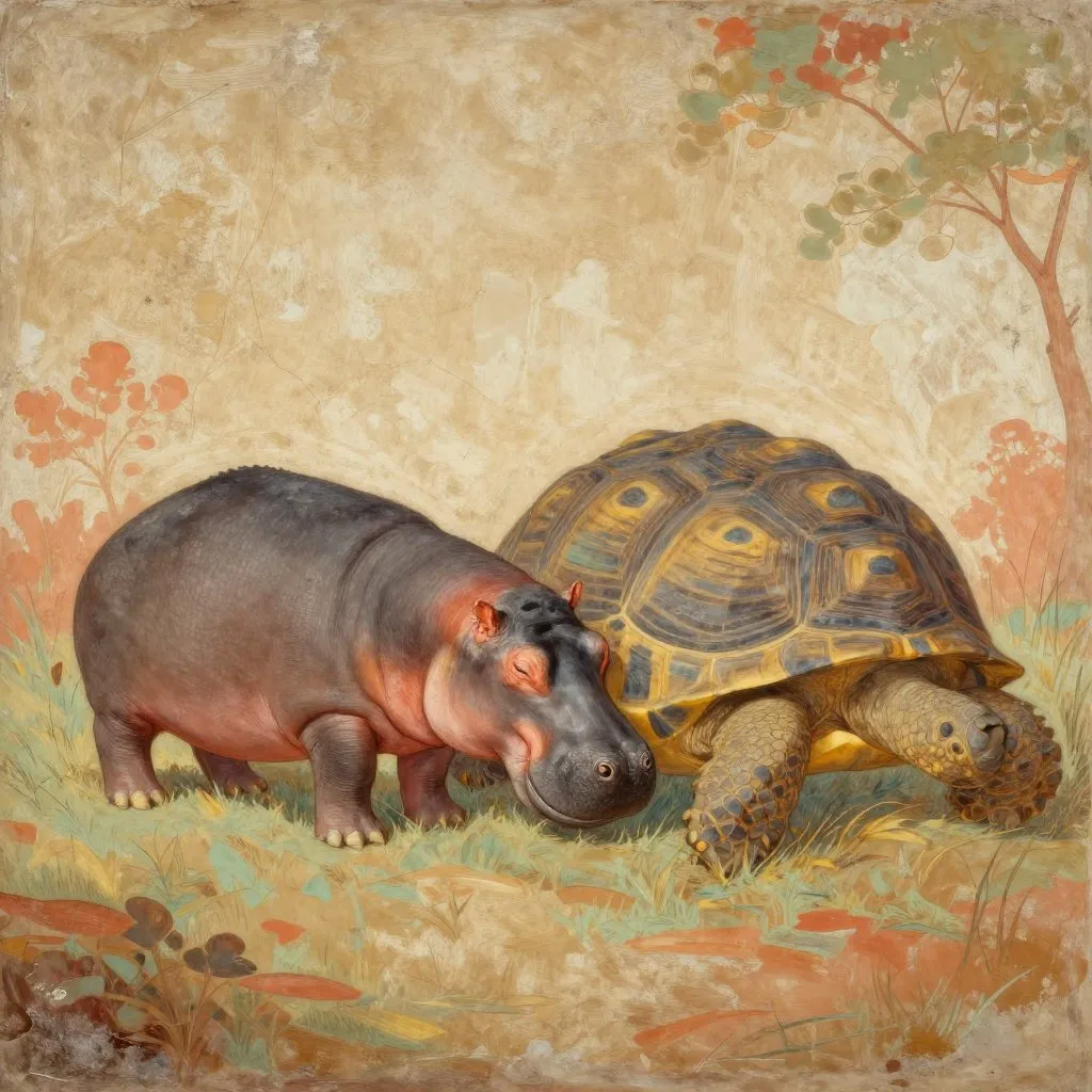 A young hippopotamus pressed close against the domed shell of a giant tortoise in golden afternoon light, both still, the hippo's eyes closed, grass and scattered shade trees surrounding them