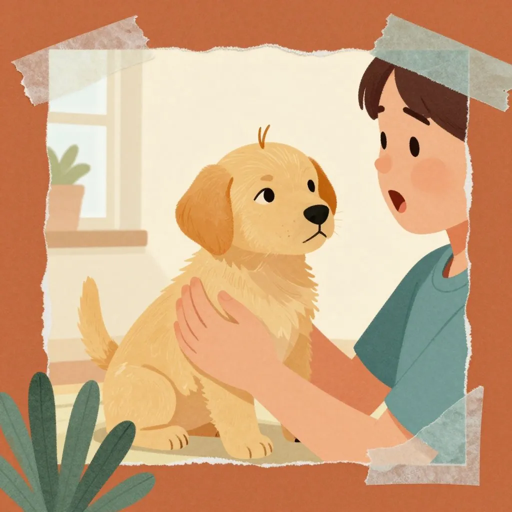 A small golden puppy being held gently by shelter worker hands, a tiny tail visible on top of his head, soft indoor light, gentle surprise on the worker's face