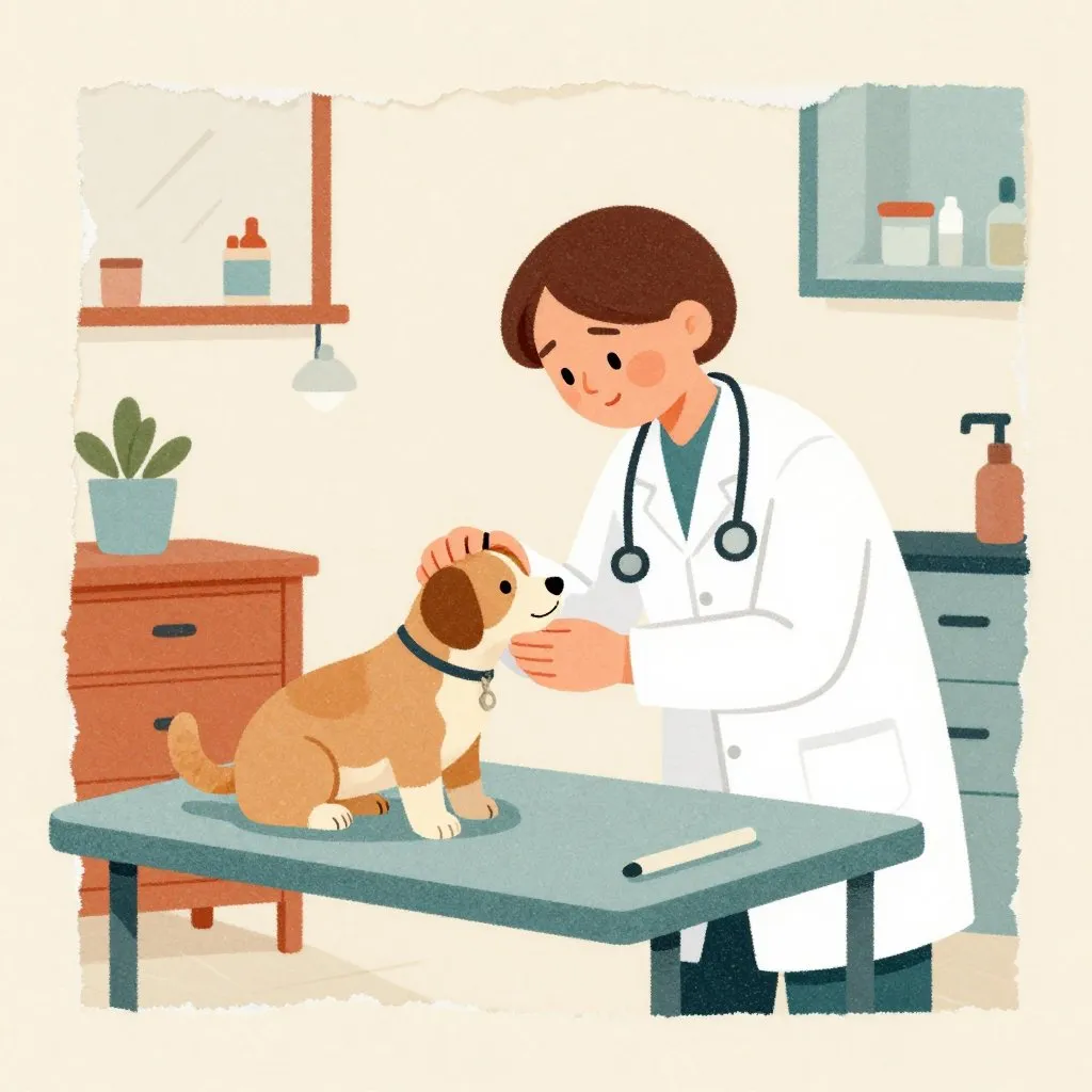 A veterinarian examining a small puppy on an exam table, leaning in close to look at something on the puppy's forehead, calm clinical setting with warm undertones