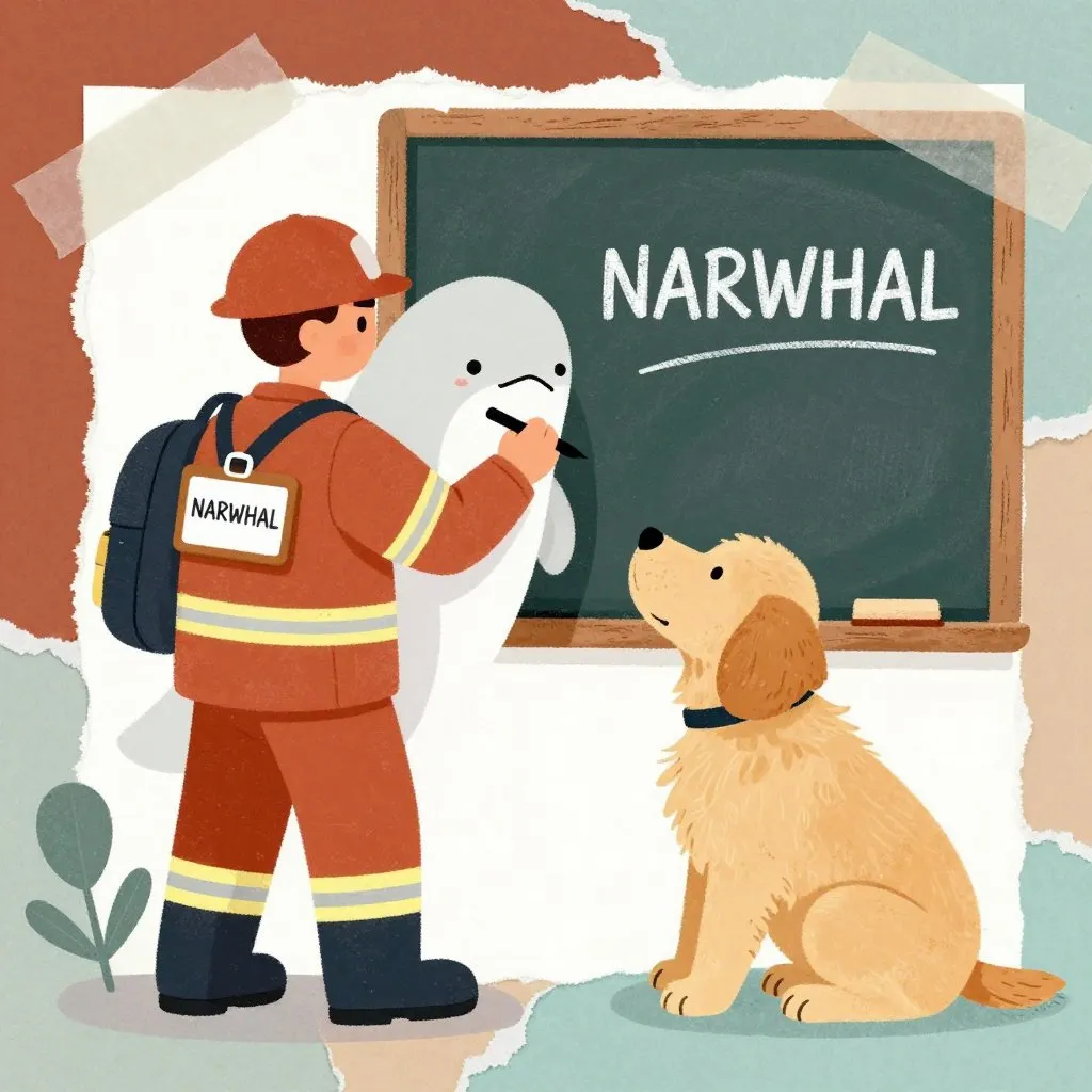 A rescue worker writing on a name tag that reads NARWHAL, a fluffy golden puppy sitting nearby looking up at a chalkboard with the name written on it