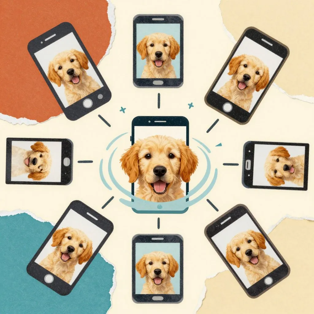 A collage of phones and screens all showing the same golden puppy face, radiating outward like a ripple, joyful chaotic energy