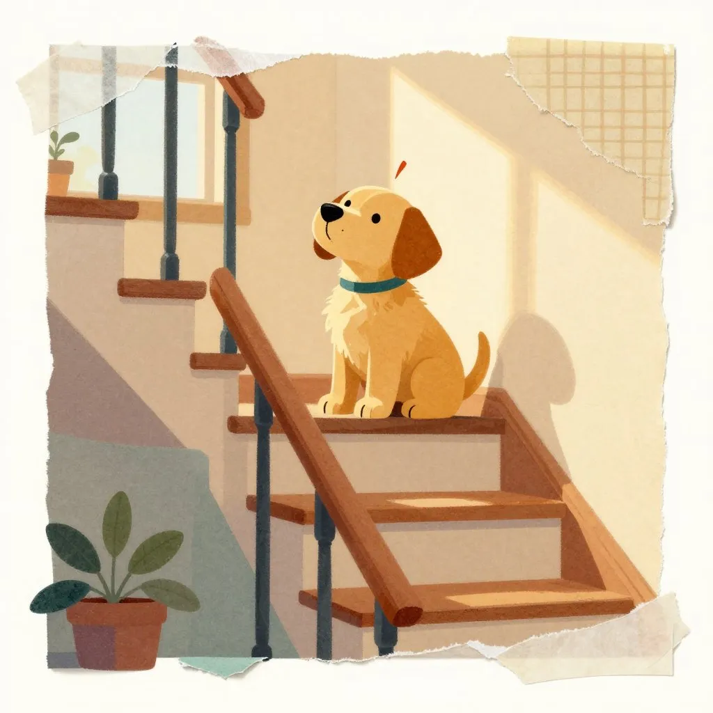 A small golden puppy in a cozy home, sitting at the top of a staircase with a triumphant look, warm afternoon light, a small tail pointing up from his forehead