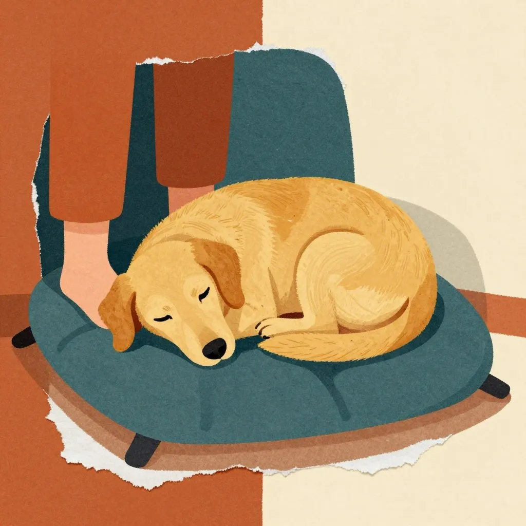 A golden dog curled up on a cushion beside a pair of human feet, the small forehead tail just visible above the curve of his back, peaceful evening light