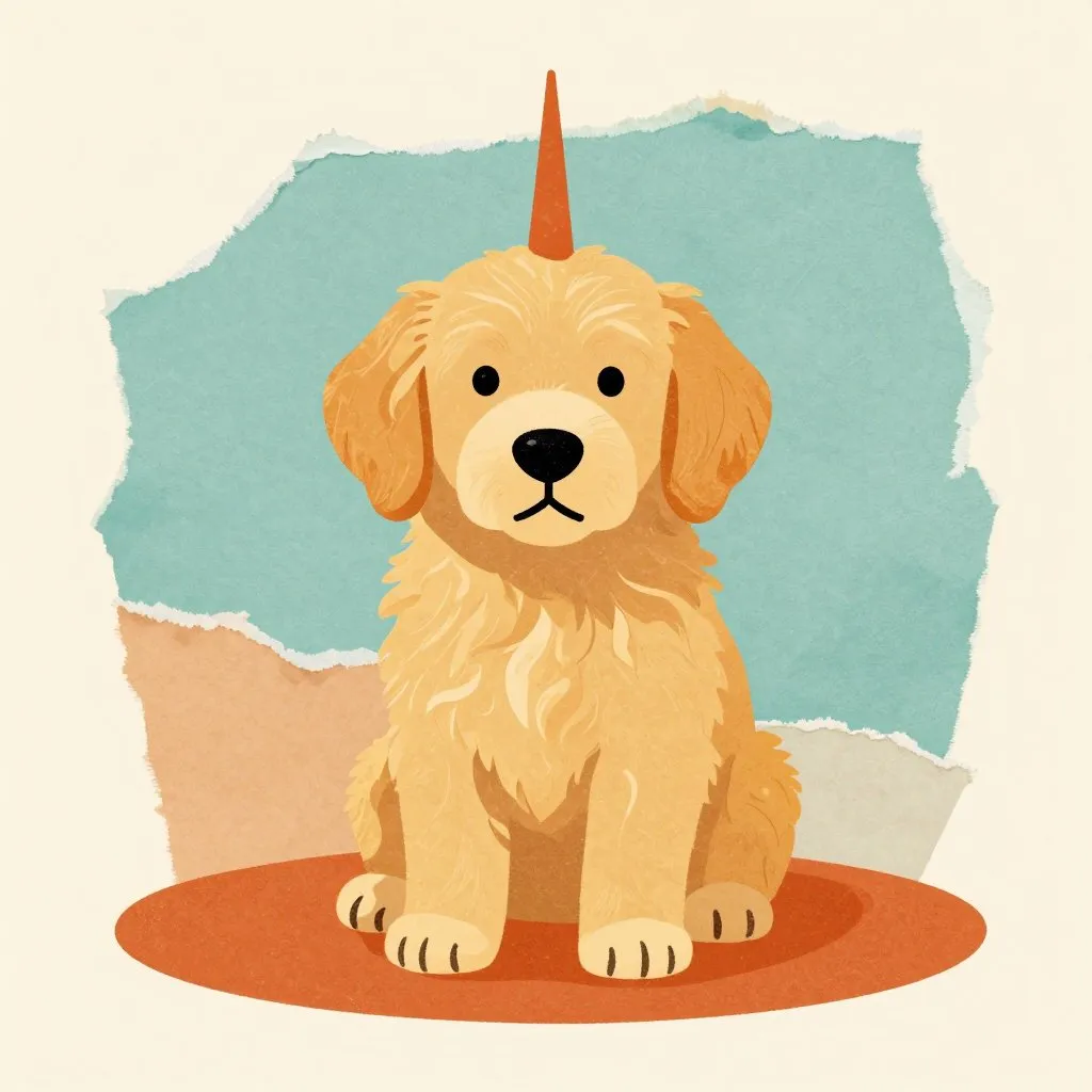 A golden fluffy puppy sitting upright and looking forward, a small tail growing from the center of his forehead pointing straight up, curious and content expression, warm cream background