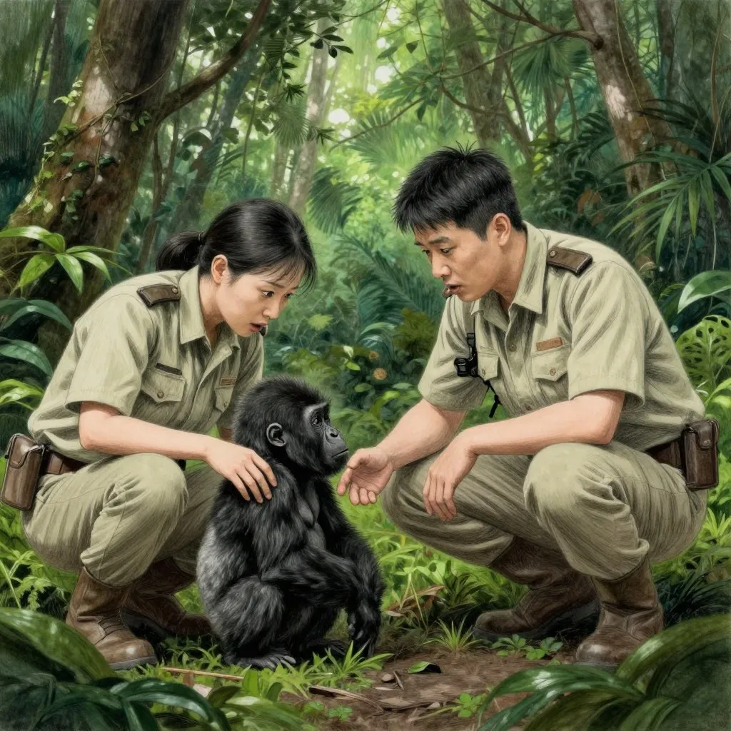 Two rangers crouching over a small infant gorilla in dense forest undergrowth, one reaching out carefully, dim green forest light filtering through canopy, mood of shock and tenderness