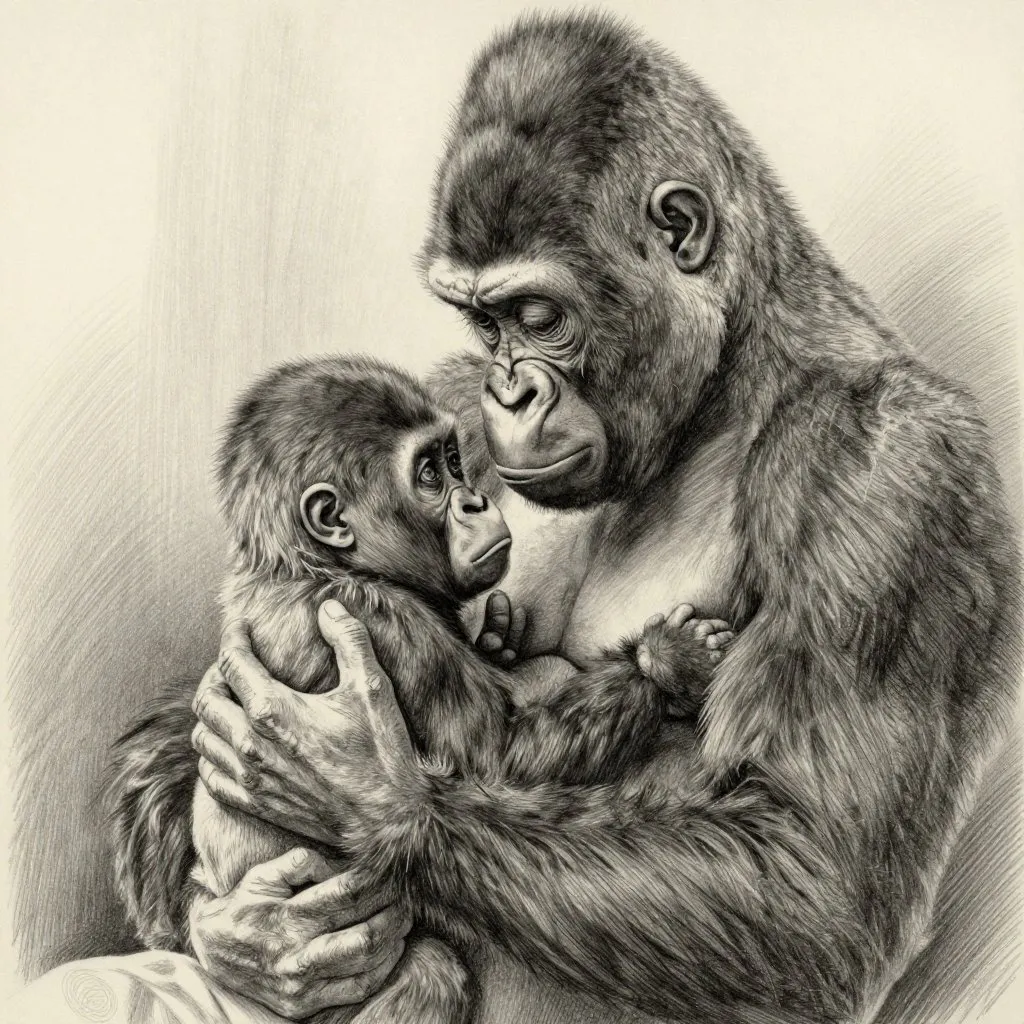 A ranger holding a tiny infant gorilla against his bare chest, one large hand cradling her back, eyes down at her face, quiet room, mood of profound care