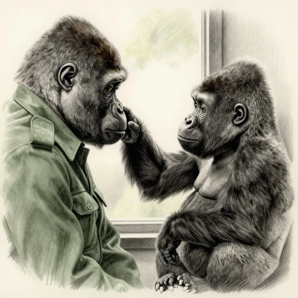 A young gorilla reaching up to touch a ranger's face with one hand, both of them still, afternoon light coming through a window, mood of recognition and trust