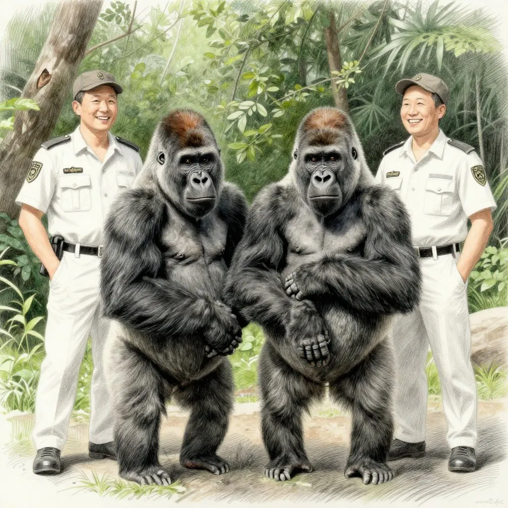 Two mountain gorillas standing upright beside two rangers in a forest enclosure, the gorillas at ease, the rangers grinning, candid and alive, mood of pure unguarded joy
