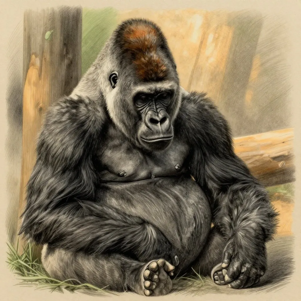 A ranger sitting beside a resting gorilla in a quiet enclosure, one hand placed gently on her side, late afternoon light low and golden, mood of vigil and stillness