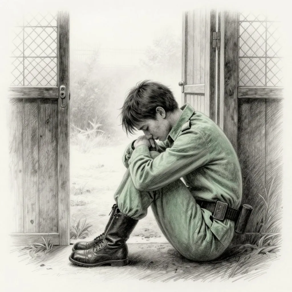 A ranger sitting alone in an empty enclosure, head down, morning mist visible through the open door behind him, mood of grief and gratitude held together