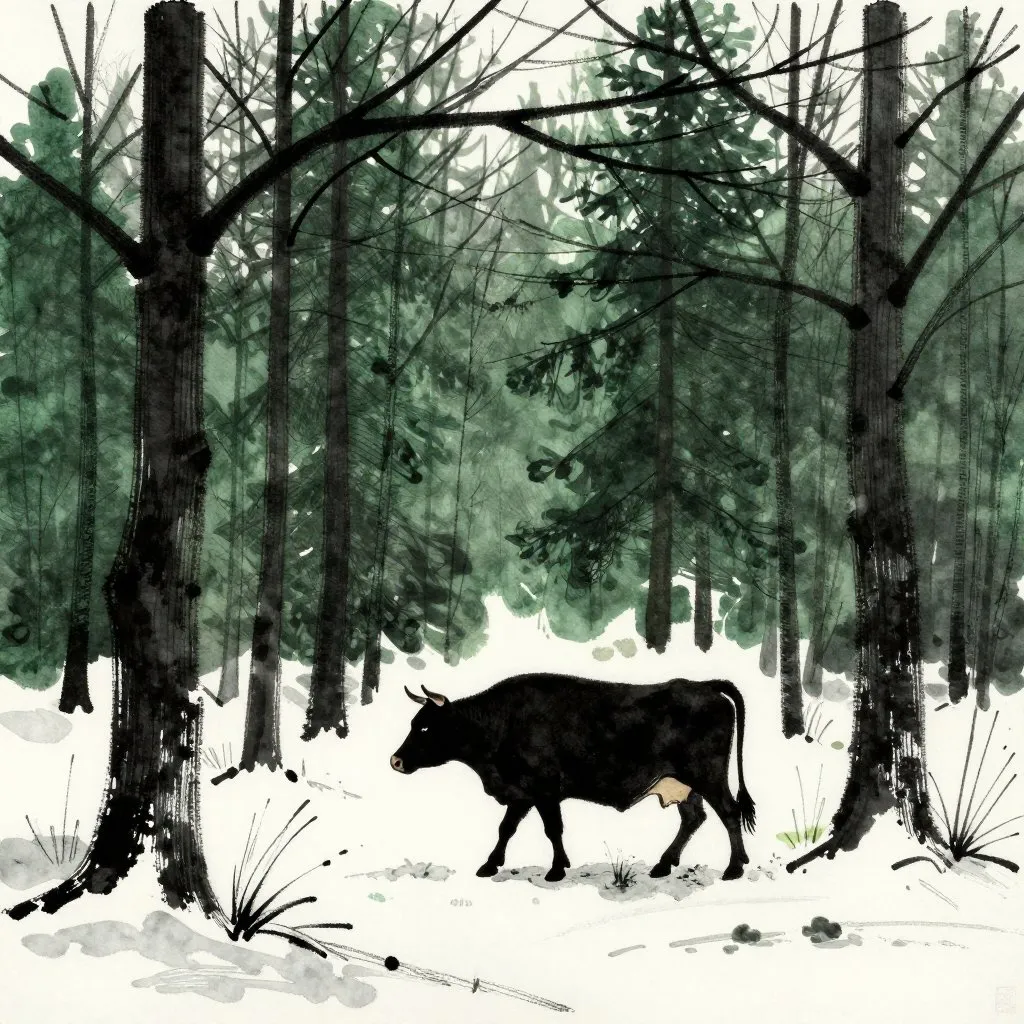 A lone cow moving through dense winter woods, frost on the ground, bare branches overhead, solitary and quiet