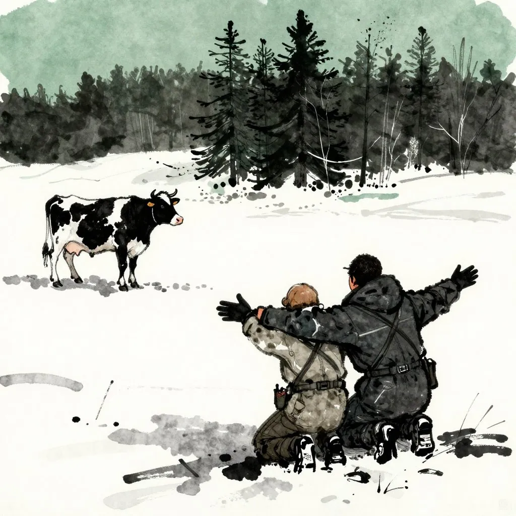 Two rescuers crouching in a snowy field, arms open, watching a cow watching them from a distance, patient standoff