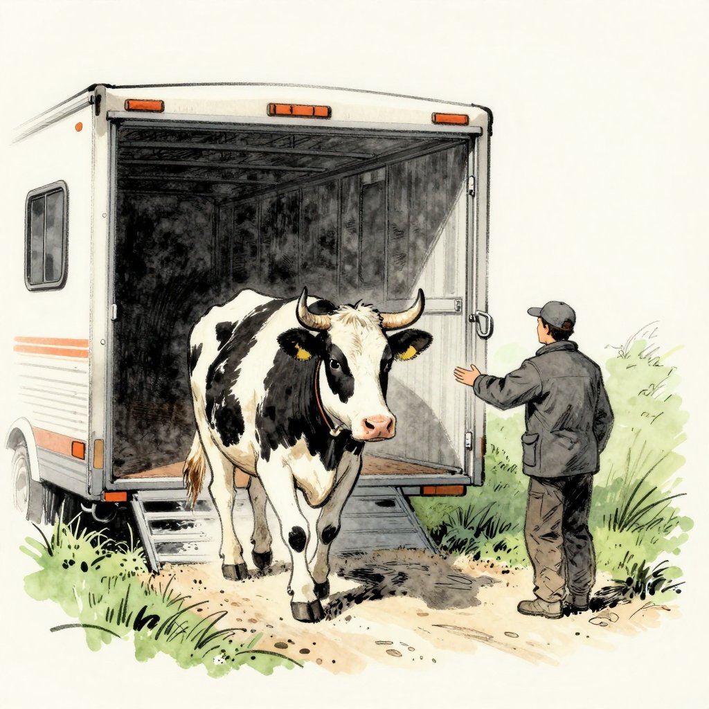 A cow walking calmly toward an open trailer gate while a rescuer stands nearby with an outstretched hand, quiet trust