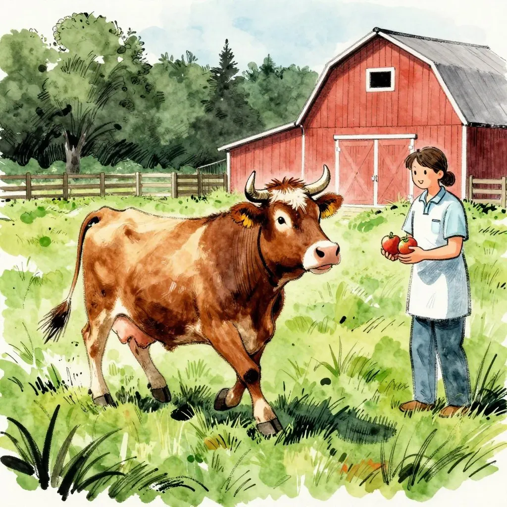 A cow doing a small happy shuffle dance in a sunny farm sanctuary pasture, a caregiver nearby with apples