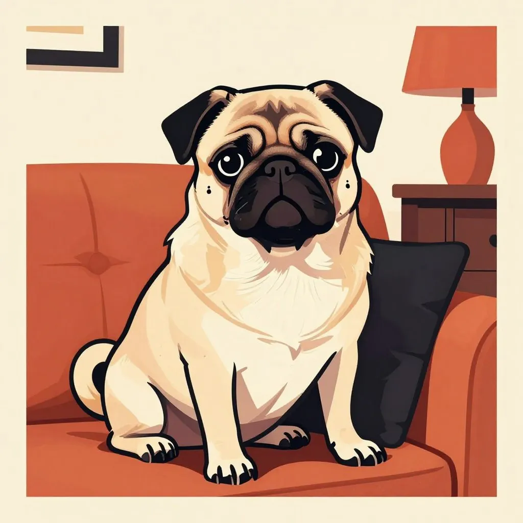 A wrinkle-faced pug-mix dog sitting on a couch in a cozy living room, looking directly at the viewer with complete calm dignity