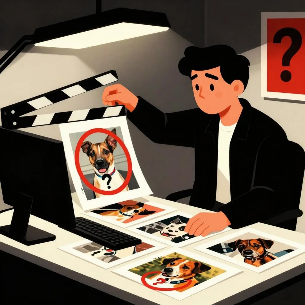 A casting director at a desk covered in dog photos, one photo circled in red with a question mark, overhead fluorescent office light, focused and slightly frantic mood